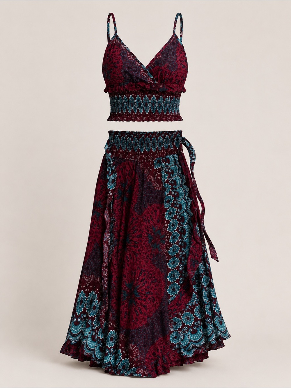 Boho Burgundy Floral Maxi Skirt with Teal Accents